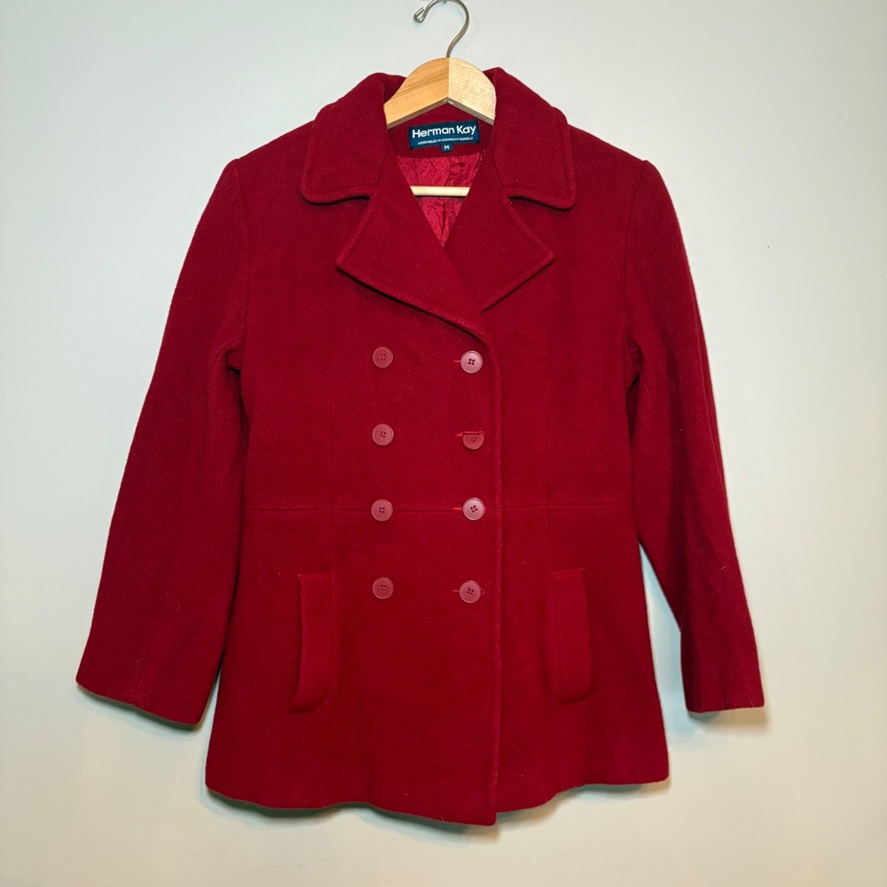 Herman Kay Womens Red Double Breasted Pea Coat Jacket Size M Lined Notched Lapel